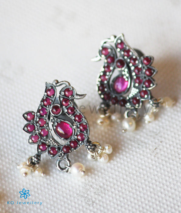 The Loukya Silver Peacock Earstuds(Red/Oxidised)