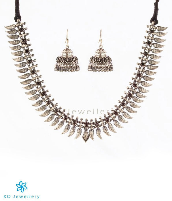 The Malligai Arumbumalai Antique Silver Necklace/Jhumkas(Blue)
