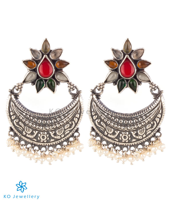 The Kshitij Silver Navratna Chand Bali Earrings(Oxidised)