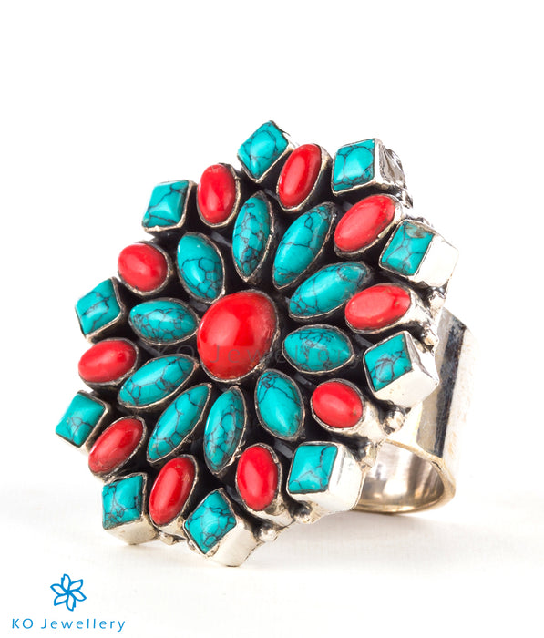 The Iha Silver Gemstone Cocktail Finger-ring(Coral/Turquoise)