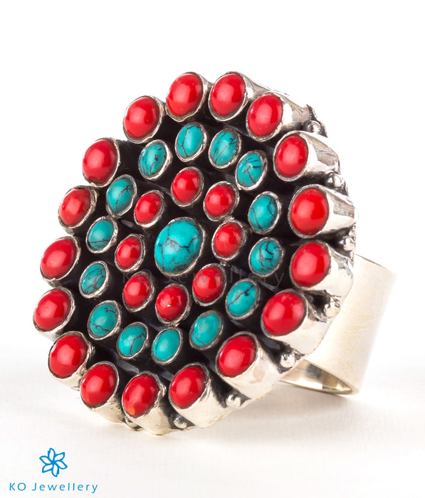 The Amrita Silver Gemstone Cocktail Finger-ring(Coral/Turquoise)
