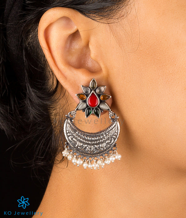The Kshitij Silver Navratna Chand Bali Earrings(Oxidised)