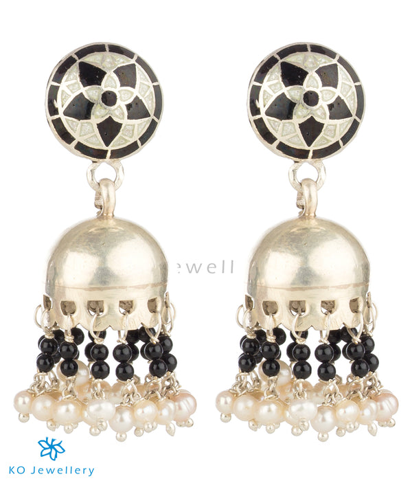 Handcrafted silver jhumkis with traditional mina work