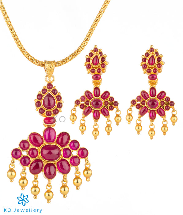 gold necklace set designs with red kempu stones