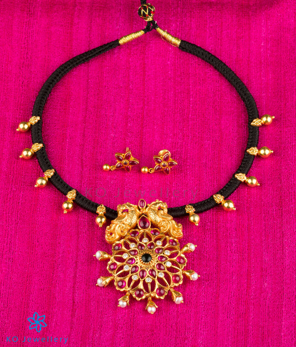 Peacock motif temple jewellery set with black thread