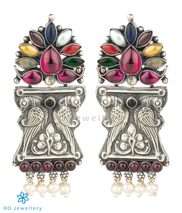 The Manmatha Silver Parrot Navaratna Earrings(Oxidised)
