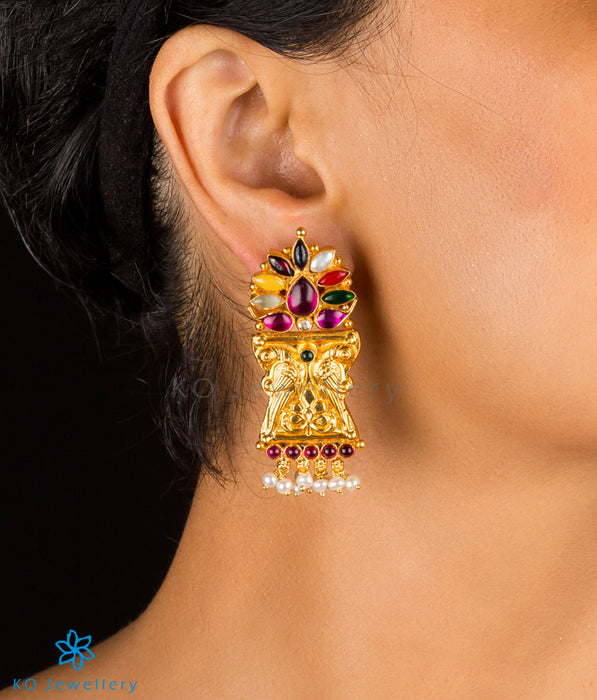 The Manmatha Silver Parrot Navaratna Earrings
