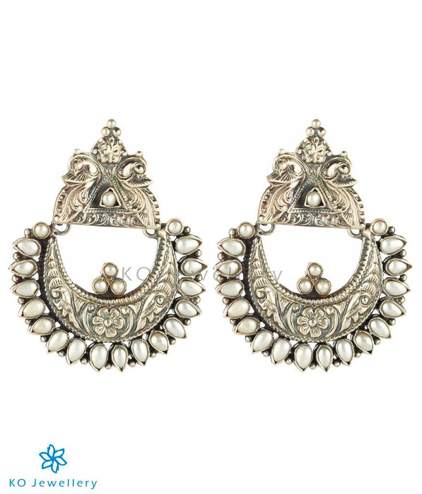 The Nilavarna Silver Peacock Earrings(Pearl/Oxidised)