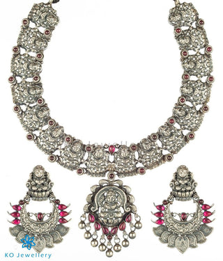 The Padmakshi Antique Silver Lakshmi Necklace (Oxidised)