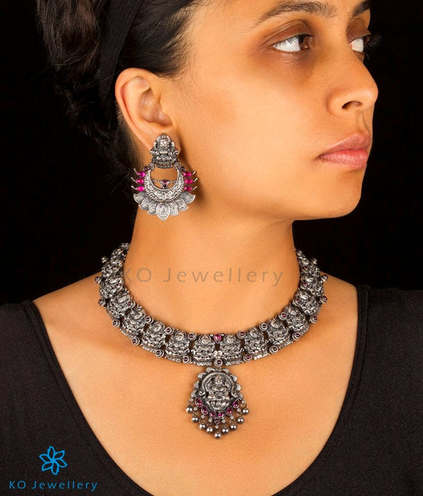The Padmakshi Antique Silver Lakshmi Necklace (Oxidised)