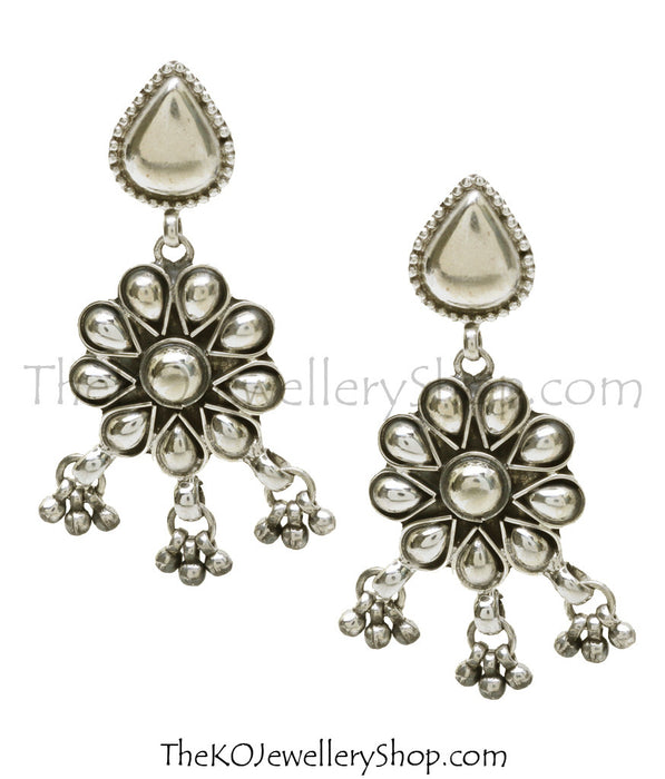 floral motif handcrafted sterling silver earrings party wear.