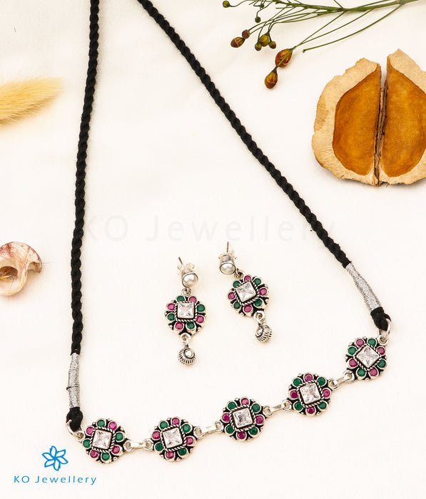 The Atharv Silver Gemstone Necklace Set (Choker)