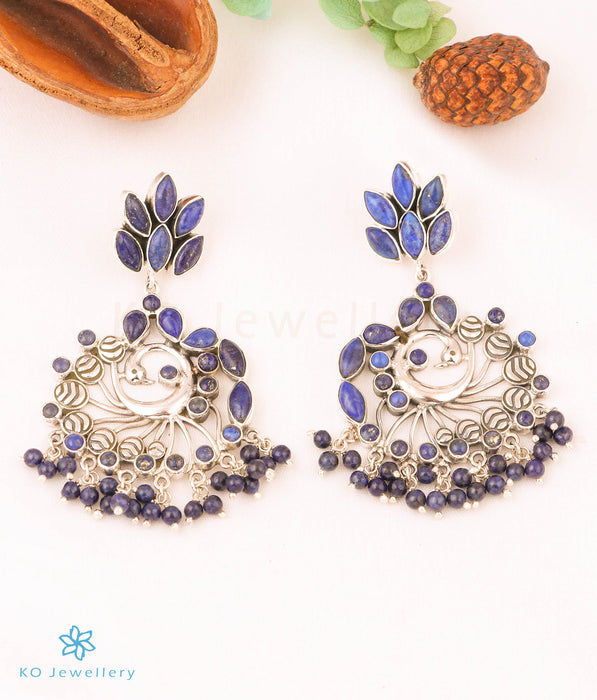 The Veda Silver Peacock Gemstone Earrings (Lapis Lazuli)