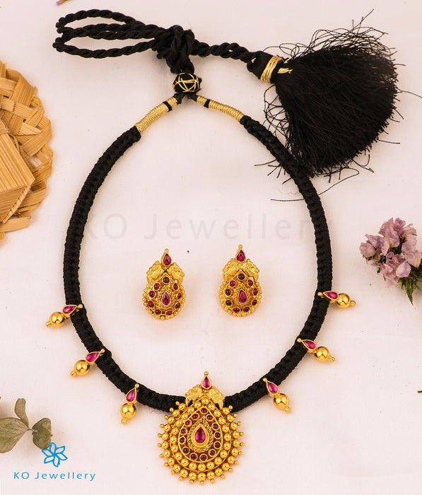 The Manya Silver Ornate Thread Necklace (Black)