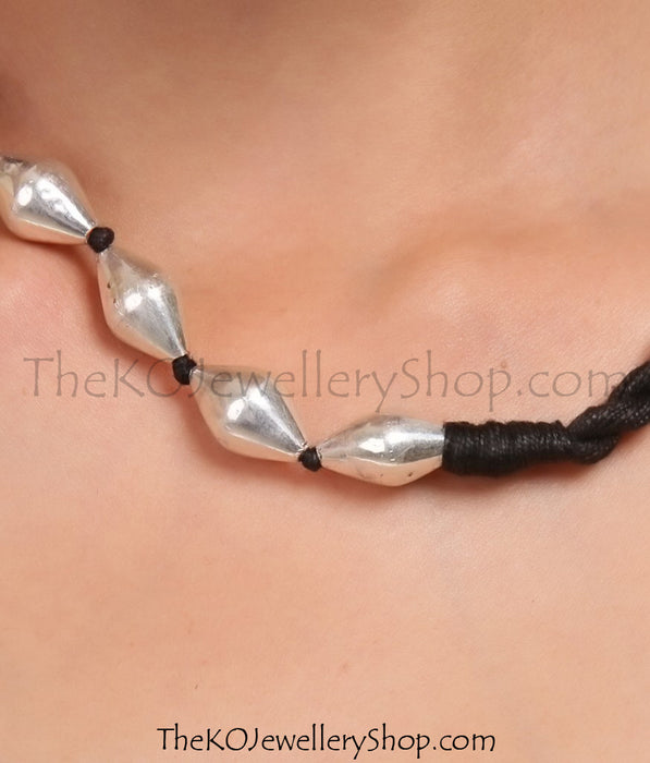 The Silver Dholki Beads Necklace(long)
