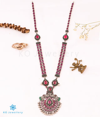 The Kumaravahin Silver Peacock Kempu Necklace (Oxidised)