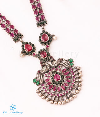 The Kumaravahin Silver Peacock Kempu Necklace (Oxidised)