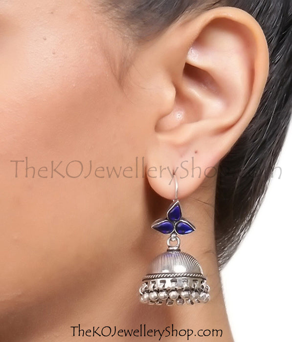 Online shopping pure blue glass silver jhumka for women