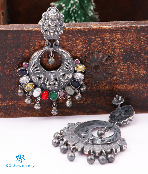 The Shraddha Antique Silver Navaratna Chand Bali (Oxidised)