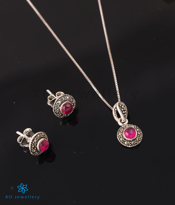 The Elemental Silver Marcasite Pendant Set (Red)