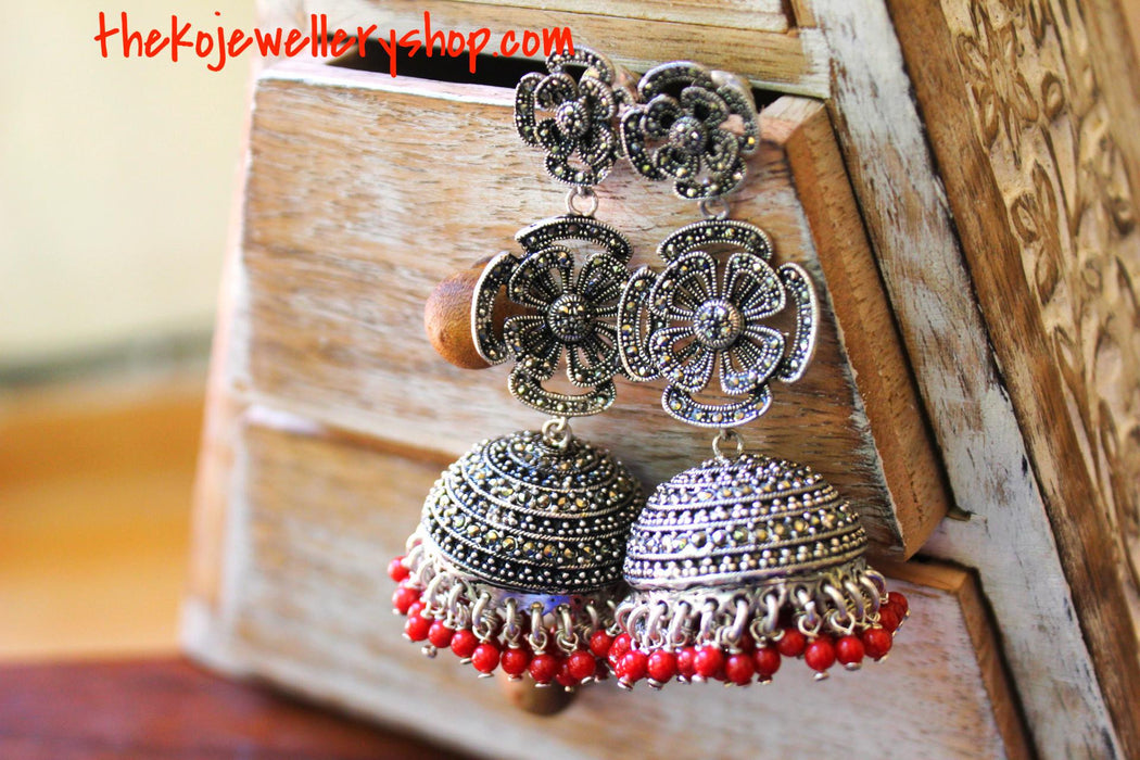The Silver Sparkling Flower jhumka (Red,Pink) - KO Jewellery