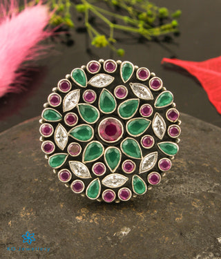 The Prisha Silver Gemstone Cocktail Finger-ring(Red/Green)