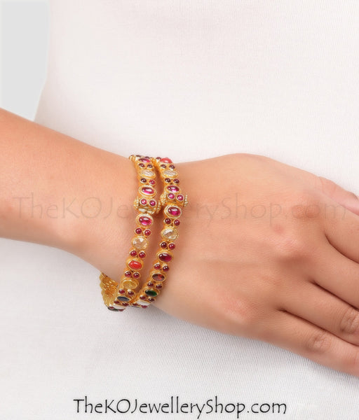Online shopping pure gold dipped navratna silver bangles for women