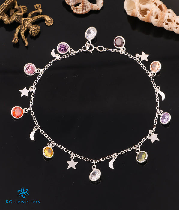 The Multicolour Stars & Moon Silver Anklet- Single