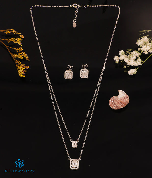 The Square Allure Silver 2 Layered Necklace & Earrings