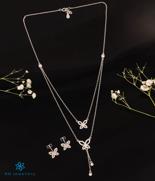 The Joyous Butterflies Silver 2 Layered Necklace & Earrings