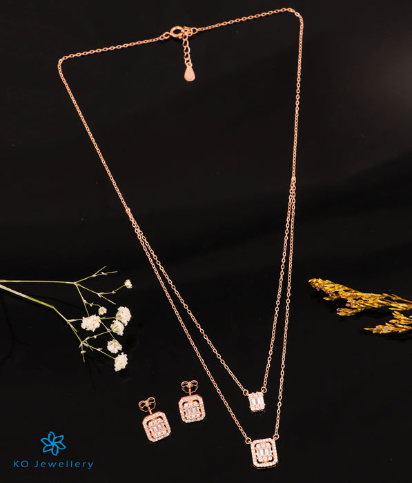 The Square Allure Silver Rose-gold 2 Layered Necklace & Earrings