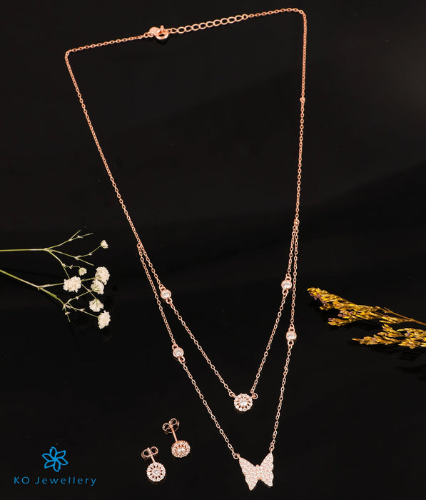 The Luminous Butterfly Silver Rose-gold 2 Layered Necklace & Earrings