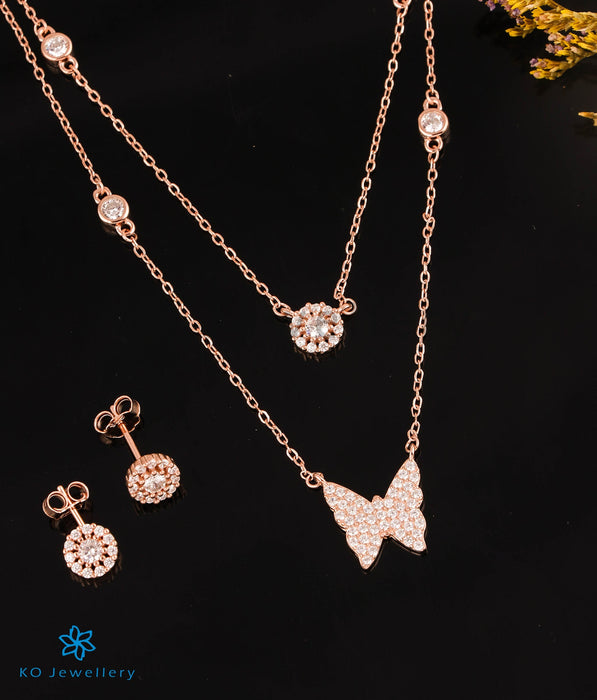 The Luminous Butterfly Silver Rose-gold 2 Layered Necklace & Earrings
