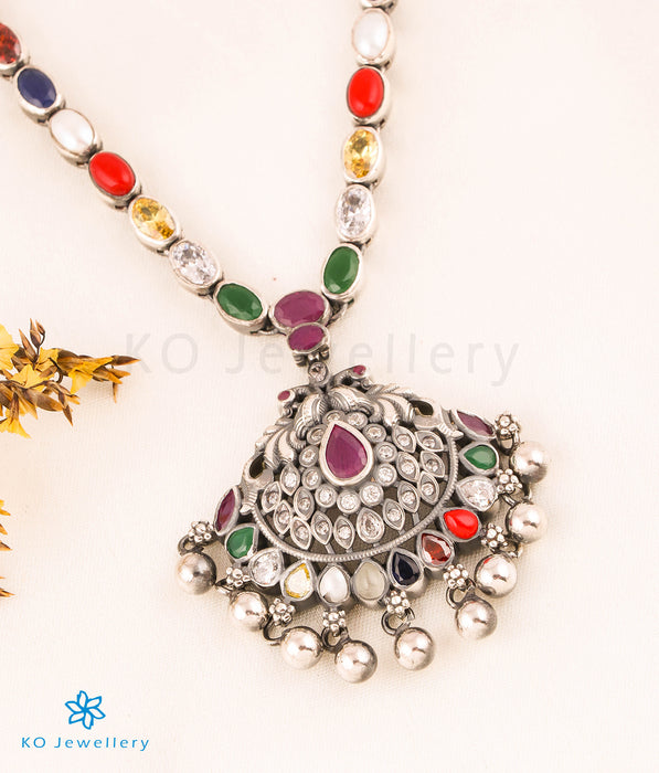 The Nishta Silver Navratna Peacock Necklace (Oxidised)