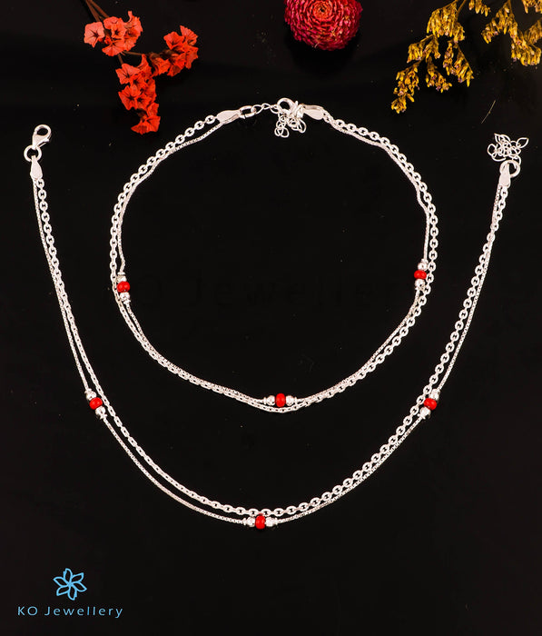 The Kaya Chain Silver Anklets (Red)