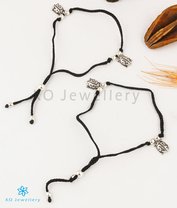 The Beetle Silver Black Thread Anklets