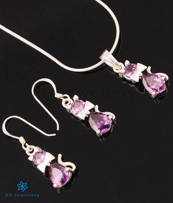 The Sparkling Kitty Cat Silver Pendant Set (Purple)