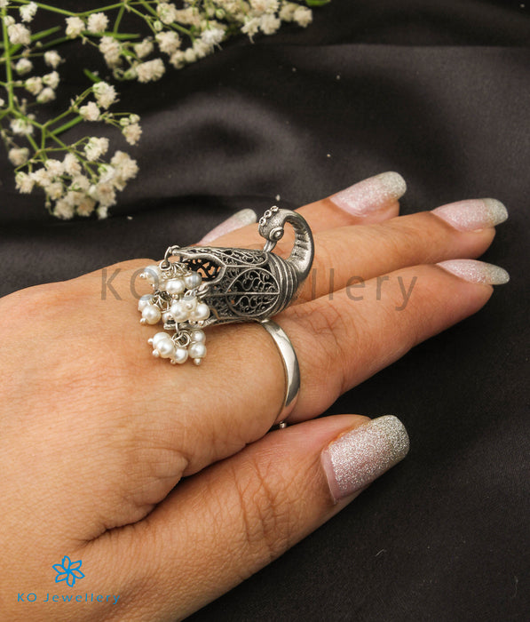 The Barha Silver Peacock Statement Open Finger Ring