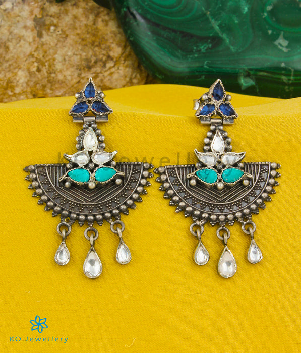 The Jharokha Silver Kundan Earrings (Blue)