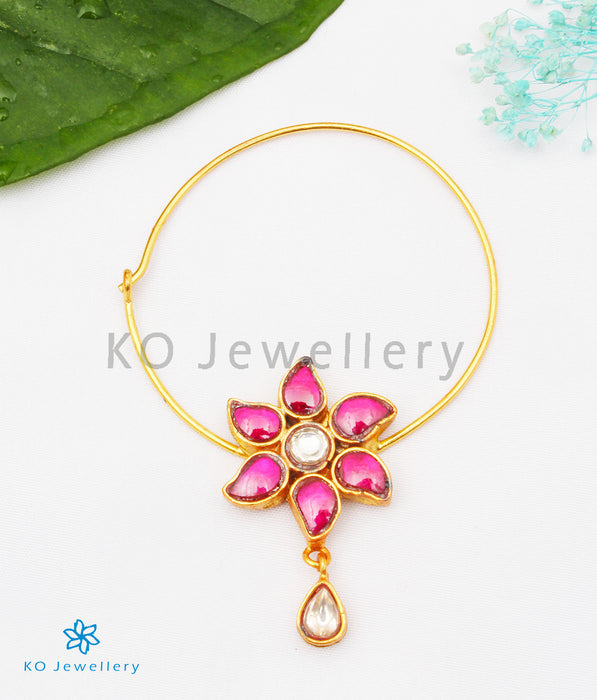 The Nazm Silver Kundan Nose Pin(Pierced/Red)