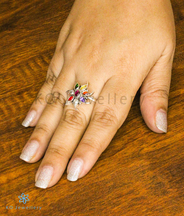 The Pauspa Silver Navratna Finger Ring (Oxidised)