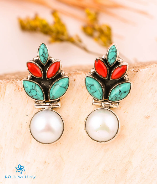 The Mridula Silver Gemstone Earrings (Red/blue)