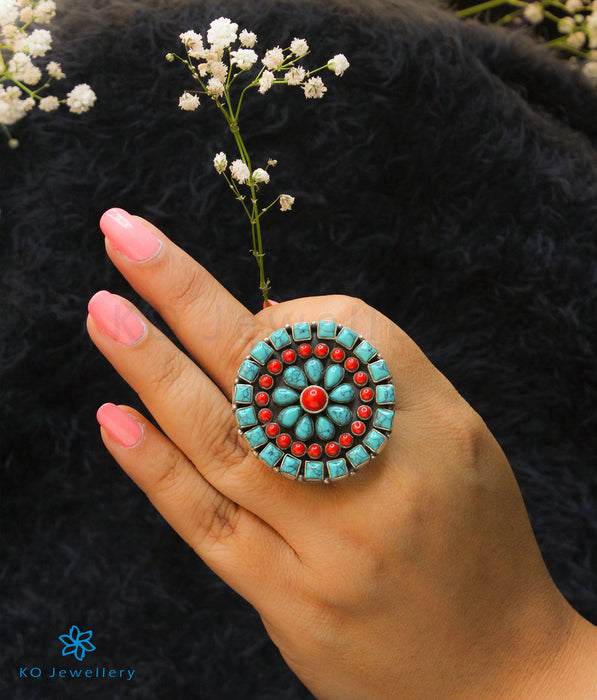 The Chitrani Silver Gemstone Cocktail Finger-ring (Coral/Turquoise)