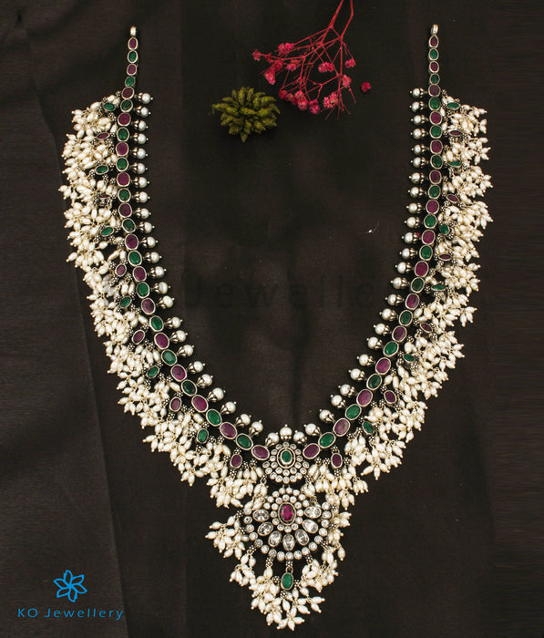 The Tarini Silver Guttapusalu Necklace-Long (Red/Green/Oxidised)