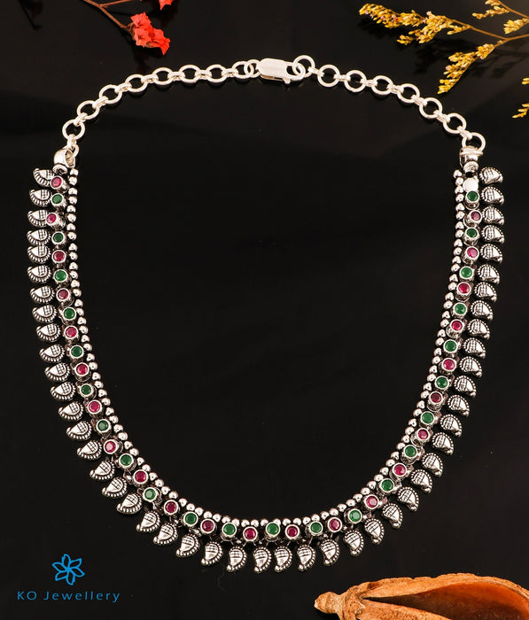 The Nirupa Silver Antique Paisley Gemstone Necklace (Oxidised)
