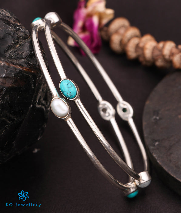 The Abhata Silver Gemstone Bangle- Pearl/Turquoise (Size 2.6)