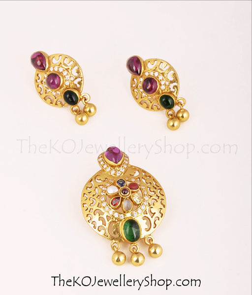 Buy online hand crafted gold dipped  silver navratna pendant set for women