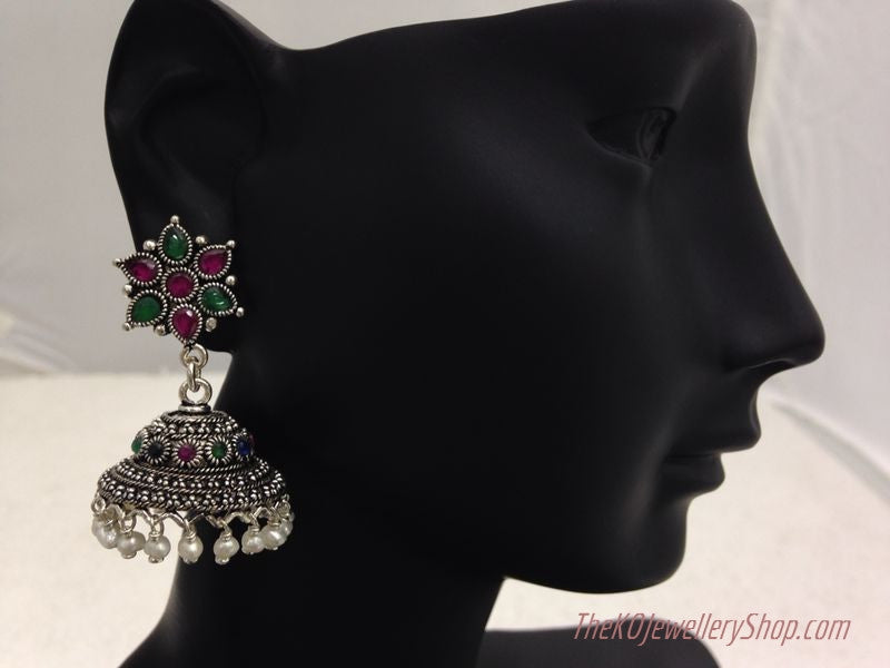  Pink green blue crystal studded sterling silver jhumkas for women 