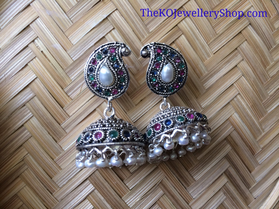 Pink green blue crystal studded sterling silver jhumka for women