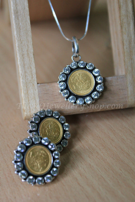 stone studded pure silver coin pendant set